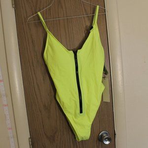Neon Yellow One-Peice Bathing Suit Front Zip